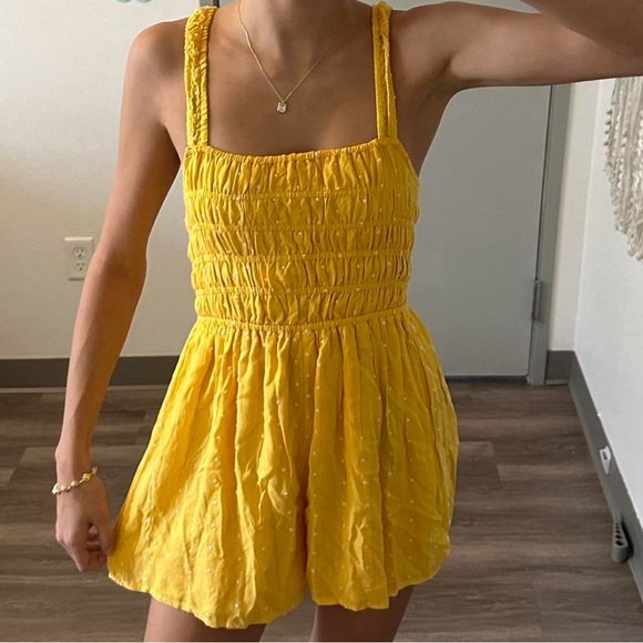 Urban Outfitters Pants - Urban Outfitters Cleo Embroidered Tie-Back Polka Dot Romper in Yellow - Size L